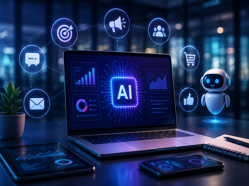 Futuristic AI marketing workspace with laptop, digital analytics dashboard, holographic AI icons, and smart automation technology for digital marketing.