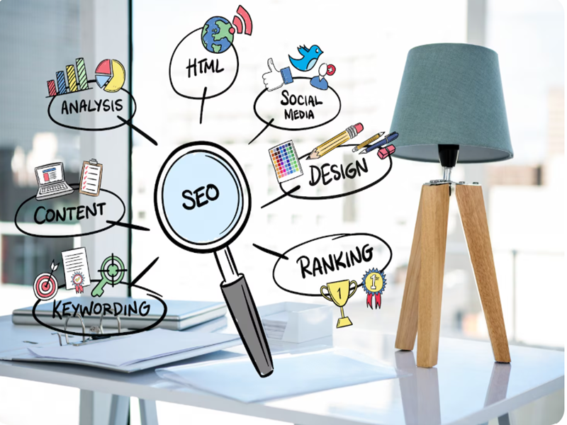 SEO specialist analyzing website performance, search rankings, keywords, and technical SEO issues on a computer dashboard.