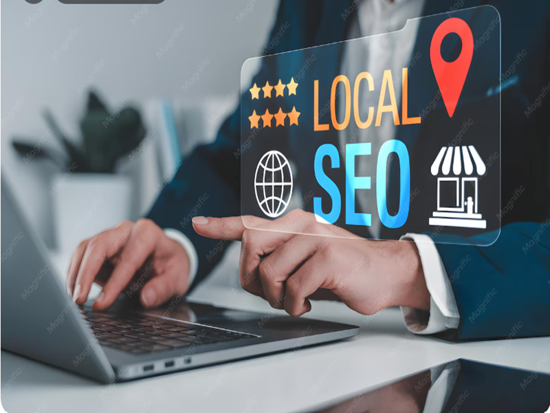 Local business owner reviewing Google Business Profile and local SEO analytics to improve search rankings and attract nearby customers.