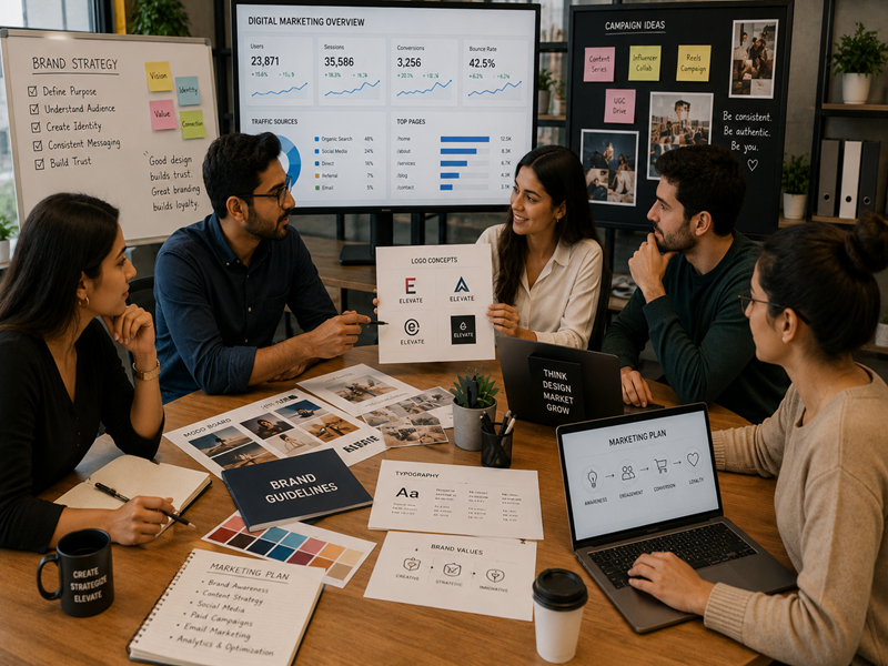 Digital marketing team creating a branding strategy for business growth