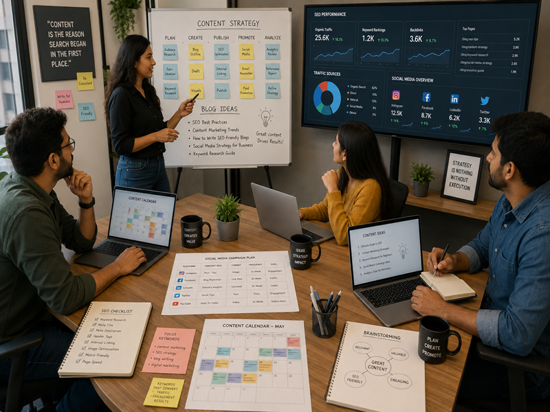 Content marketing experts planning SEO and business growth strategy