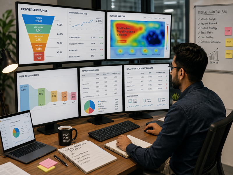 Digital marketing expert analyzing website conversions and user behavior