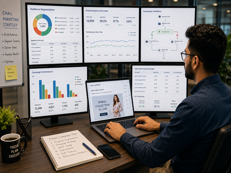 Digital marketer creating an email marketing campaign for business growth