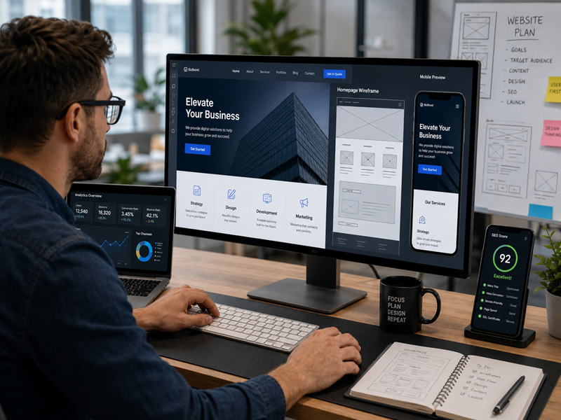 Professional web designer creating an SEO-friendly business website