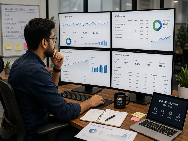 Digital marketing analyst reviewing website analytics and campaign performance