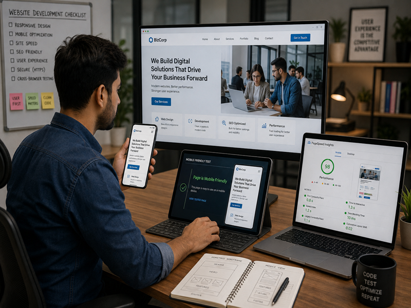 Responsive business website displayed on mobile, tablet, and desktop devices