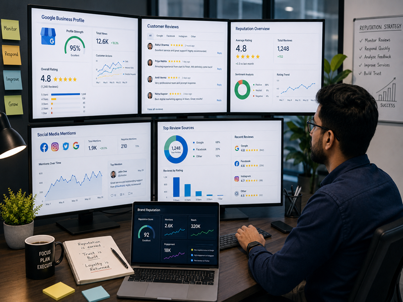 Marketing professional managing online reviews and business reputation
