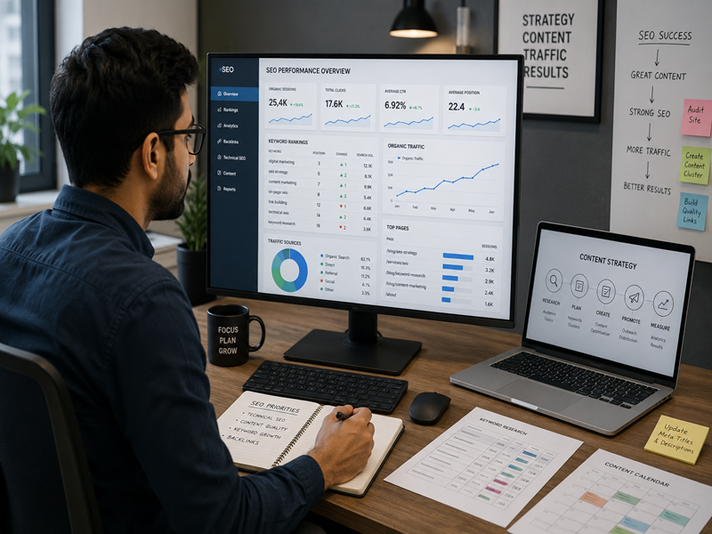 SEO expert analyzing website performance for business growth