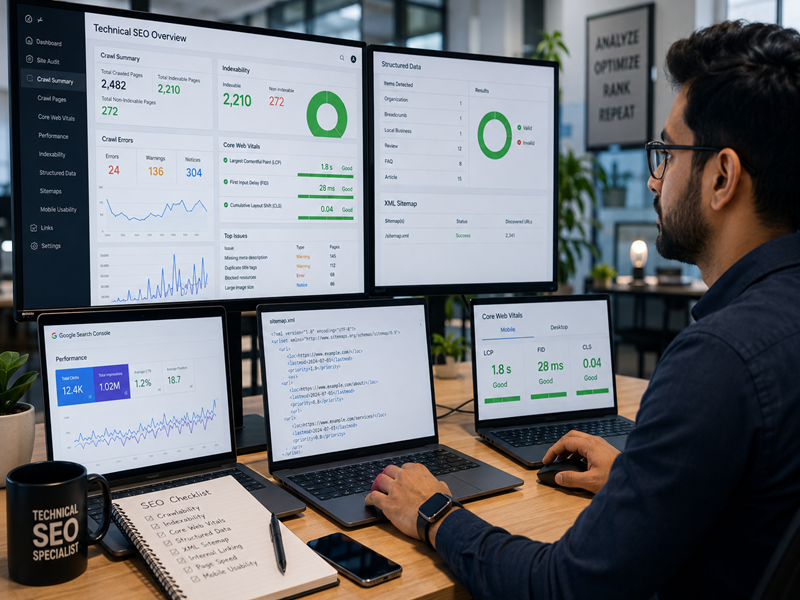 SEO specialist reviewing technical website performance and search engine optimization