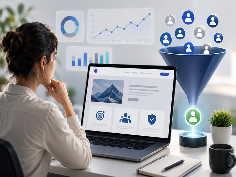 Website visitor psychology illustration showing user behavior, website optimization, and conversion funnel.