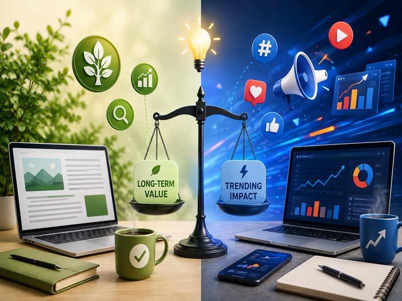 Illustration of evergreen and trending content strategy with SEO, analytics, and digital marketing elements.