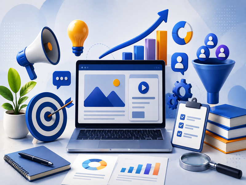 3D illustration of content marketing strategy with laptop, analytics dashboard, target, funnel, charts, and digital marketing icons generating business leads.