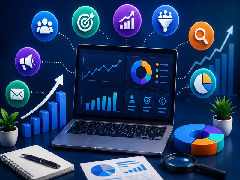 3D illustration of a digital marketing dashboard with analytics charts, KPI metrics, growth graphs, marketing icons, and business performance elements.