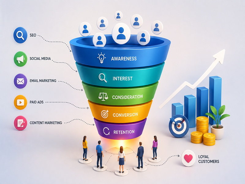 Digital marketing funnel illustration showing customer journey from awareness to conversion and retention