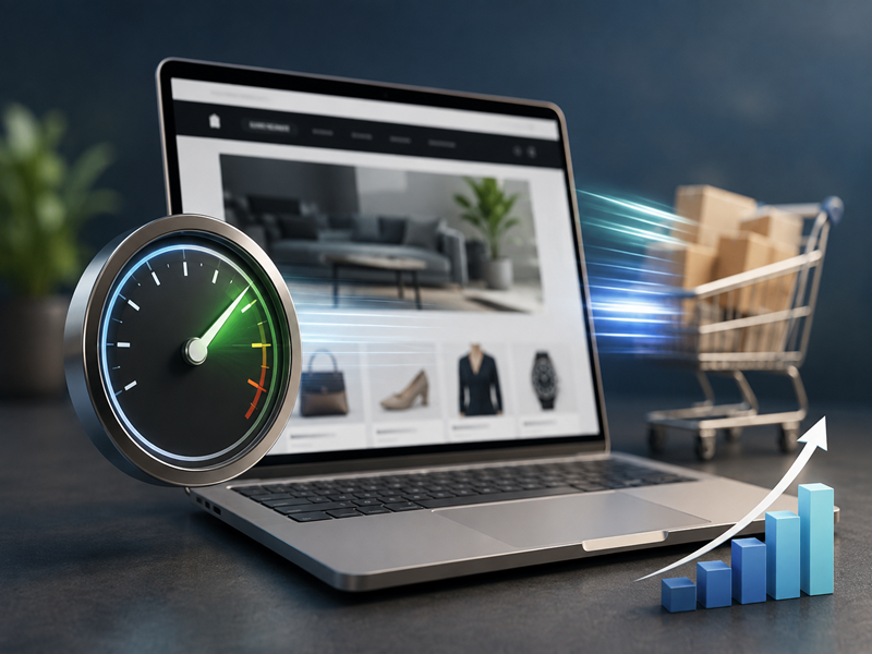 Website speed optimization concept showing a fast-loading website, performance dashboard, and growing sales.