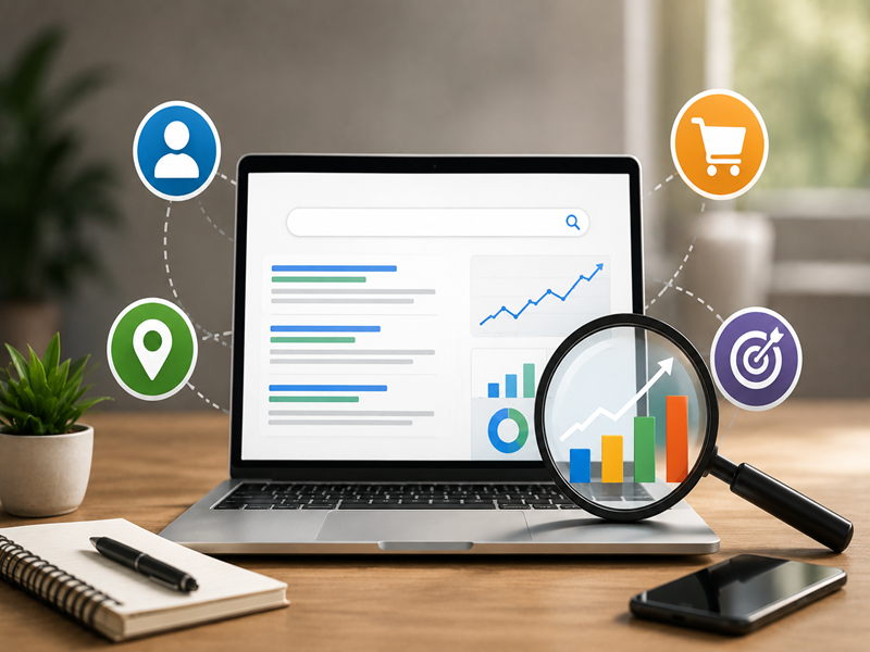 Search intent and SEO concept showing website analytics, search results, and performance optimization.