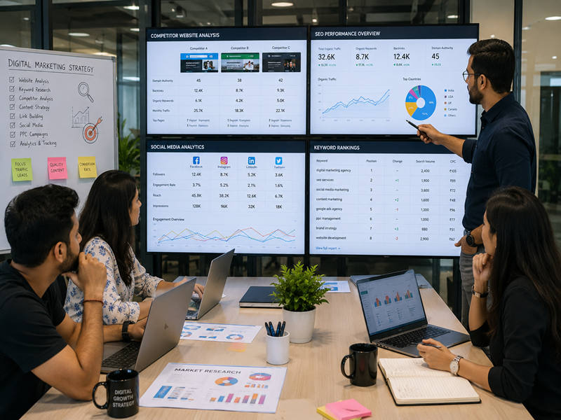 Digital marketing team performing competitor analysis for business growth