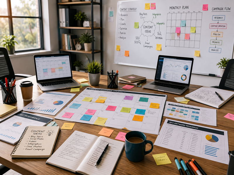 Digital marketing team creating a monthly content calendar