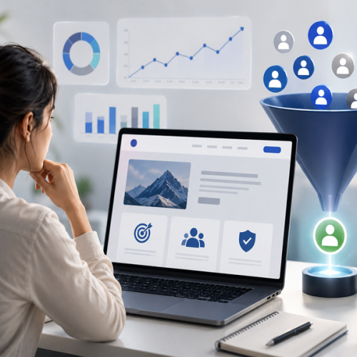 Website visitor psychology illustration showing user behavior, website optimization, and conversion funnel.