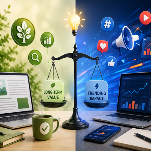 Illustration of evergreen and trending content strategy with SEO, analytics, and digital marketing elements.