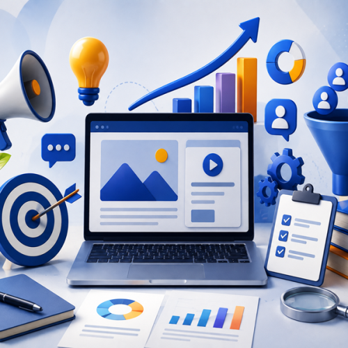 3D illustration of content marketing strategy with laptop, analytics dashboard, target, funnel, charts, and digital marketing icons generating business leads.