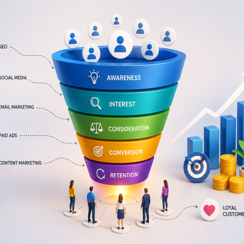 Digital marketing funnel illustration showing customer journey from awareness to conversion and retention