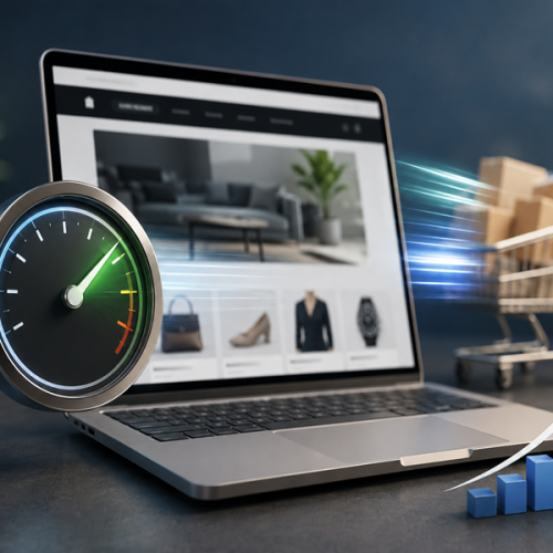 Website speed optimization concept showing a fast-loading website, performance dashboard, and growing sales.