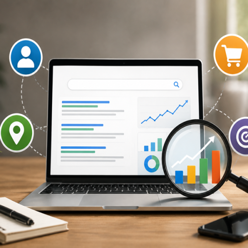 Search intent and SEO concept showing website analytics, search results, and performance optimization.