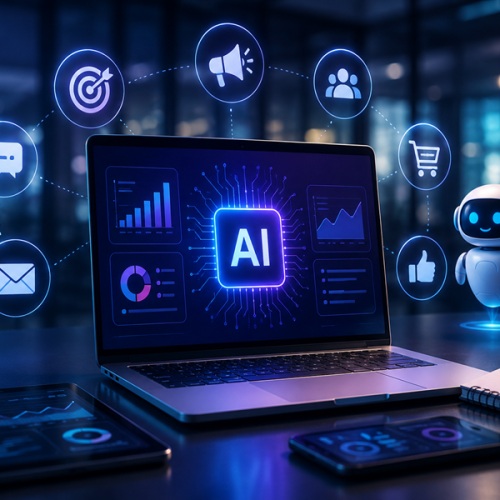 Futuristic AI marketing workspace with laptop, digital analytics dashboard, holographic AI icons, and smart automation technology for digital marketing.