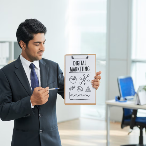 Professional digital marketing team discussing SEO, social media marketing, branding, and lead generation strategies at Extensile Media, helping businesses grow their online presence.