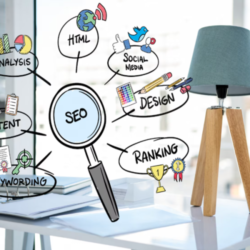 SEO specialist analyzing website performance, search rankings, keywords, and technical SEO issues on a computer dashboard.