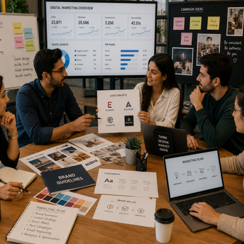 Digital marketing team creating a branding strategy for business growth