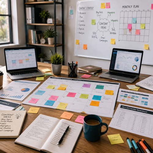 Digital marketing team creating a monthly content calendar