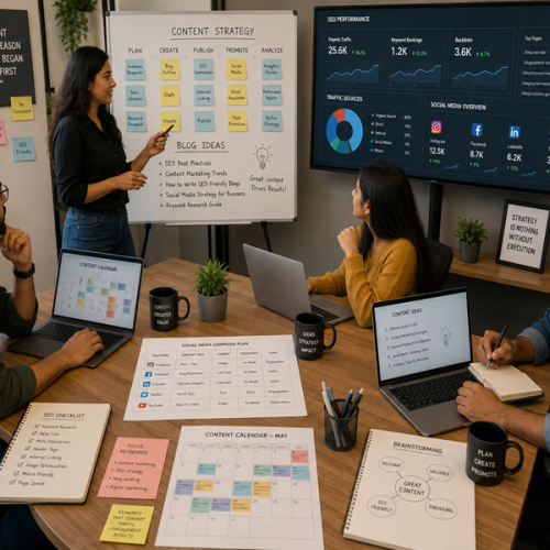 Content marketing experts planning SEO and business growth strategy