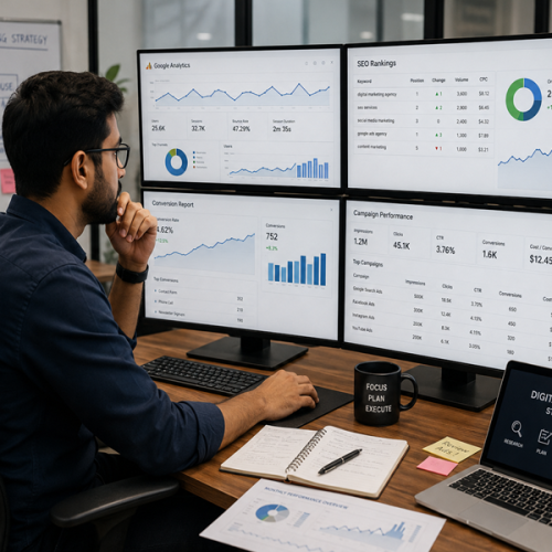 Digital marketing analyst reviewing website analytics and campaign performance
