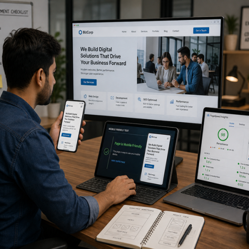 Responsive business website displayed on mobile, tablet, and desktop devices