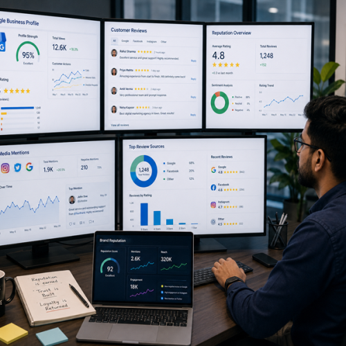 Marketing professional managing online reviews and business reputation