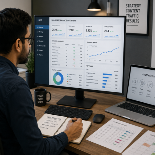 SEO expert analyzing website performance for business growth